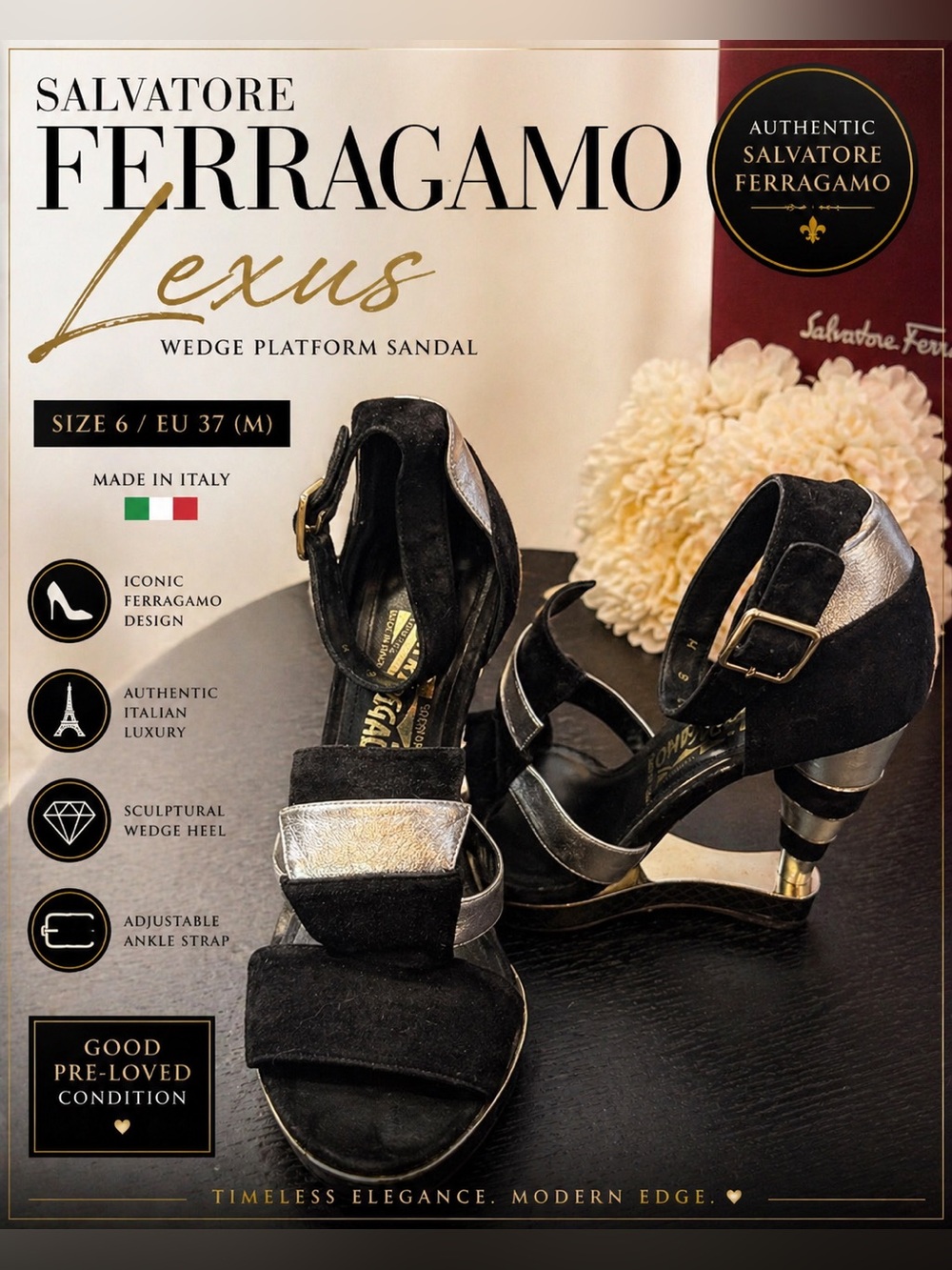Salvatore Ferragamo "Lexus" wedge platform sandals| Size 6